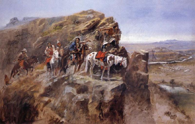 Charles M Russell Indians on a Bluff Surverying General Miles-Troops oil painting image